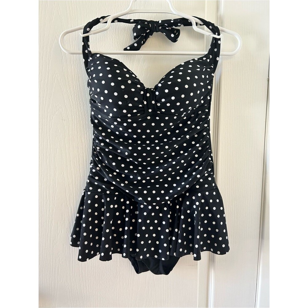 Black & White Polka Dot Halter Skirted One-Piece Swimsuit Small Coquette Retro